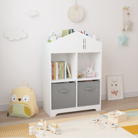 Kids Dollhouse Bookcase With Storage, 2 Tier Storage Display Organizer, Toddler Bookshelf With 2 Collapsible Fabric Drawers For Bedroom Or Playroom White Gray White Gray Mdf