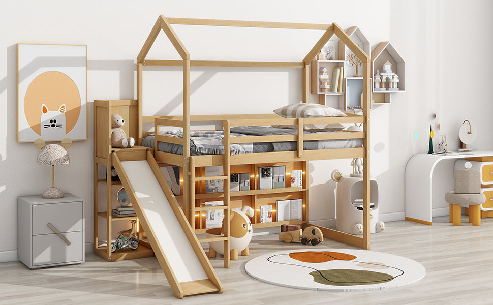 Twin Size Wood House Loft Bed With Slide, Storage Shelves And Light, Natural Natural Solid Wood Mdf