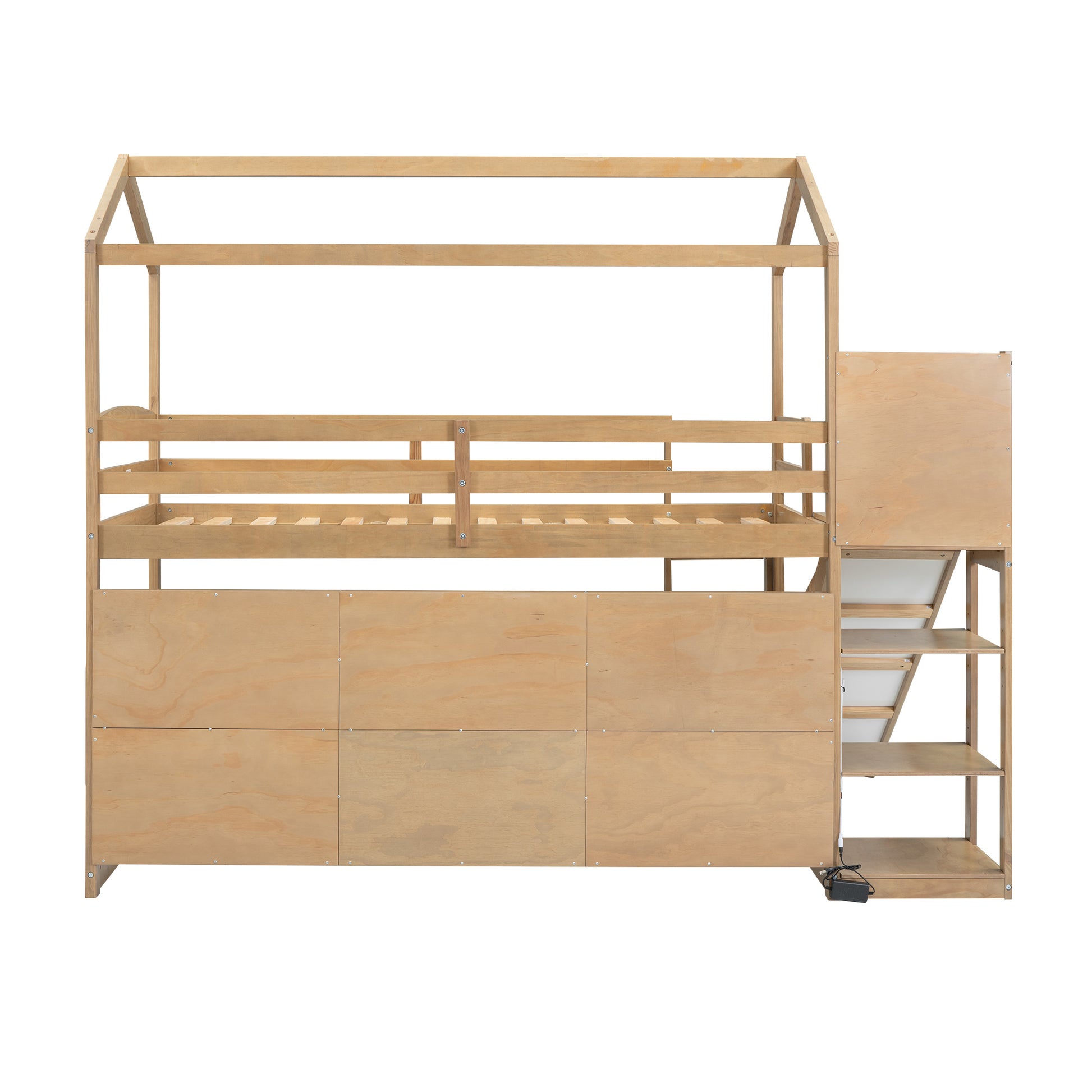 Twin Size Wood House Loft Bed With Slide, Storage Shelves And Light, White Natural Solid Wood Mdf