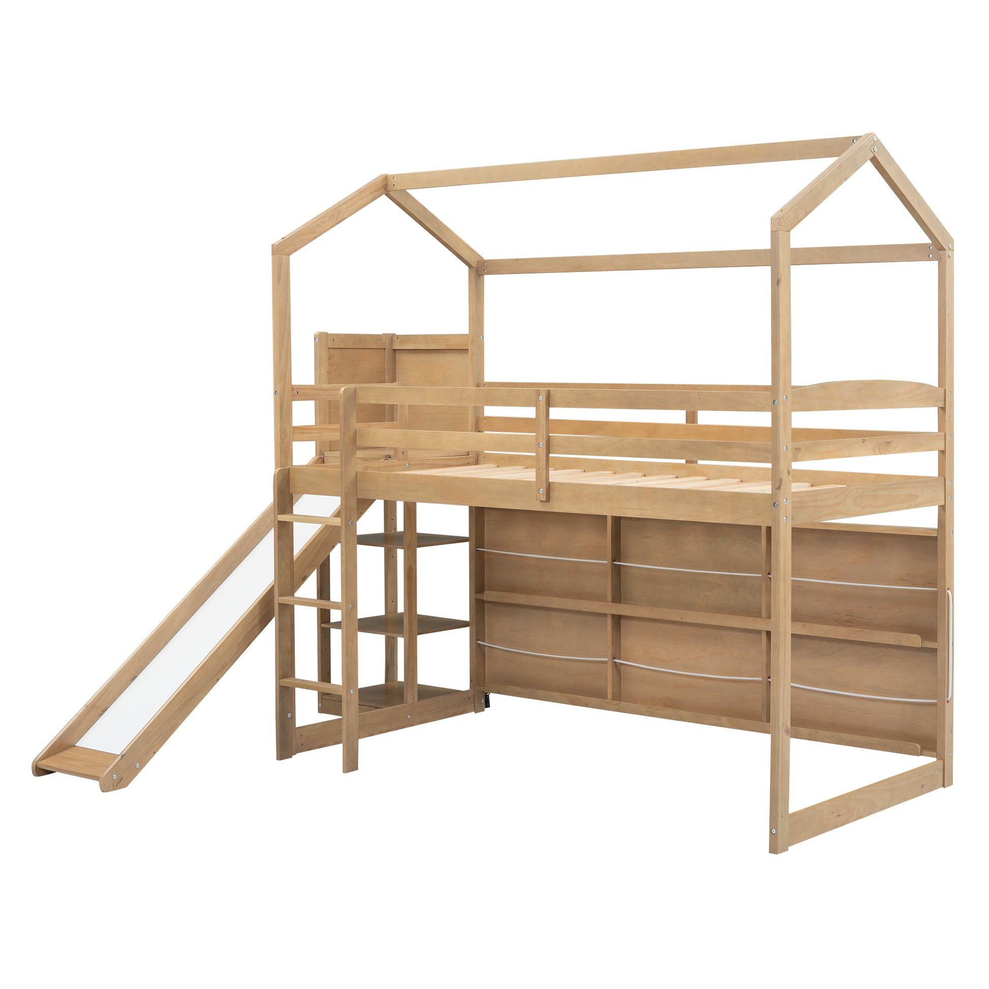 Twin Size Wood House Loft Bed With Slide, Storage Shelves And Light, Natural Natural Solid Wood Mdf