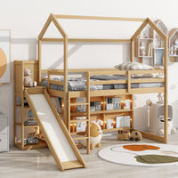 Twin Size Wood House Loft Bed With Slide, Storage Shelves And Light, Natural Natural Solid Wood Mdf