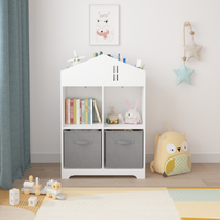 Kids Dollhouse Bookcase With Storage, 2 Tier Storage Display Organizer, Toddler Bookshelf With 2 Collapsible Fabric Drawers For Bedroom Or Playroom White Gray White Gray Mdf