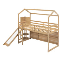 Twin Size Wood House Loft Bed With Slide, Storage Shelves And Light, White Natural Solid Wood Mdf