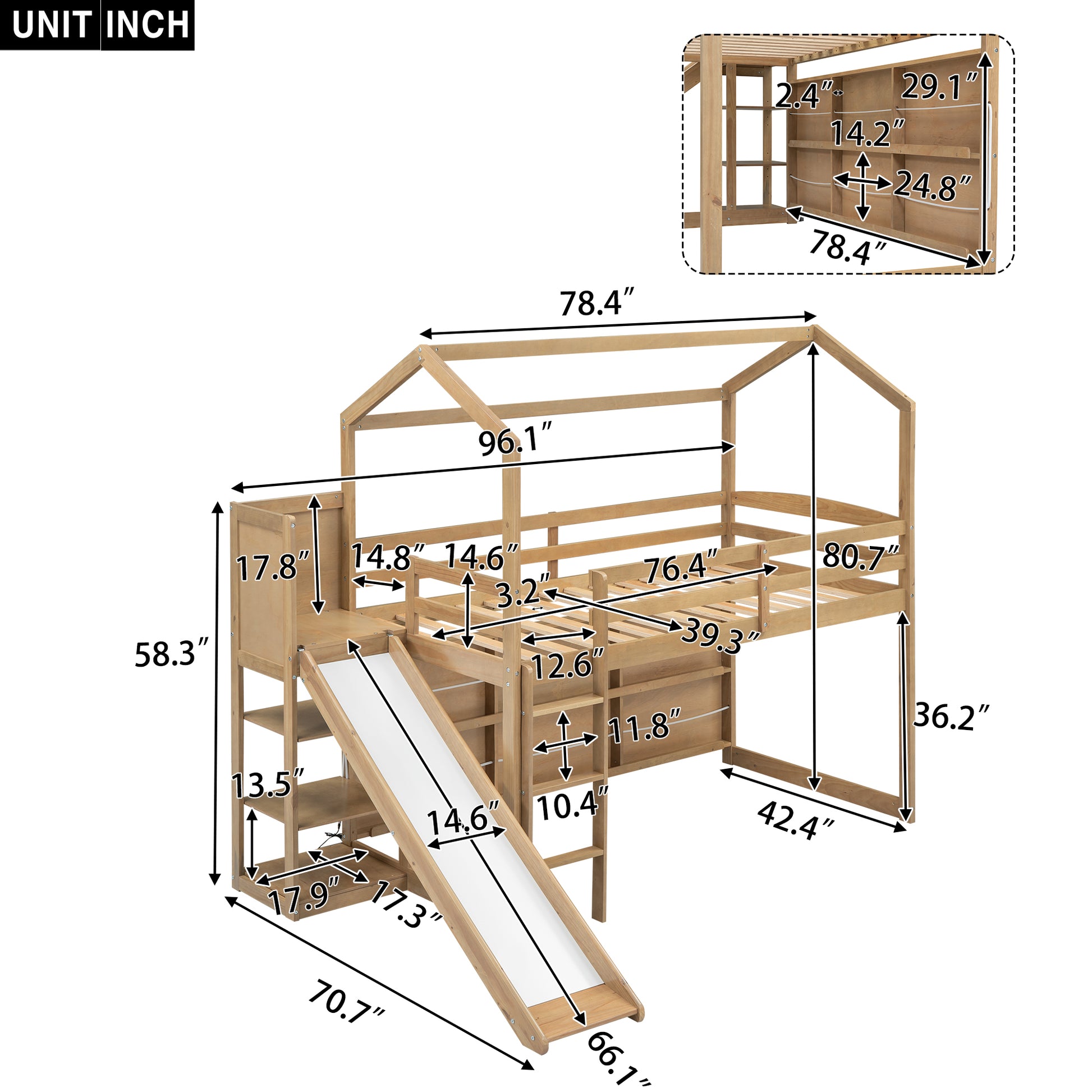 Twin Size Wood House Loft Bed With Slide, Storage Shelves And Light, White Natural Solid Wood Mdf