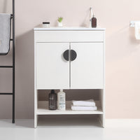 24" Bathroom Vanity,With White Ceramic Basin,Two Cabinet Doors With Black Zinc Alloy Handles,Solid Wood,Excluding Faucets,White White Solid Wood