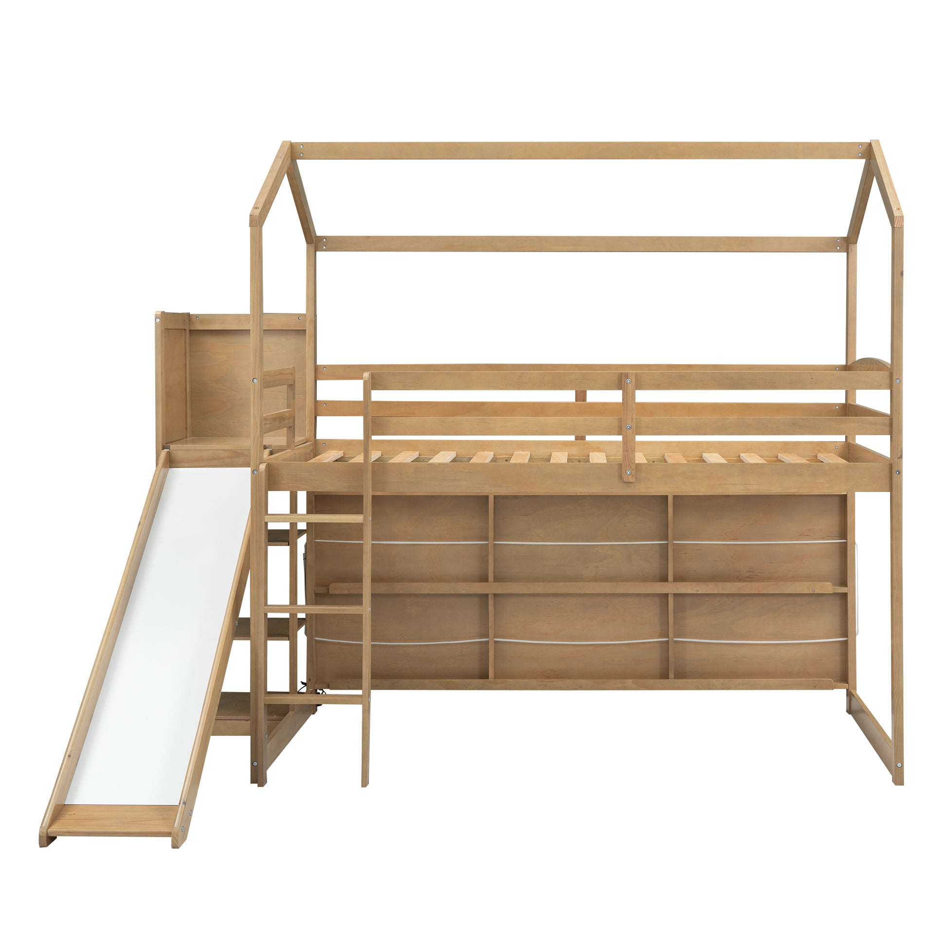 Twin Size Wood House Loft Bed With Slide, Storage Shelves And Light, Natural Natural Solid Wood Mdf