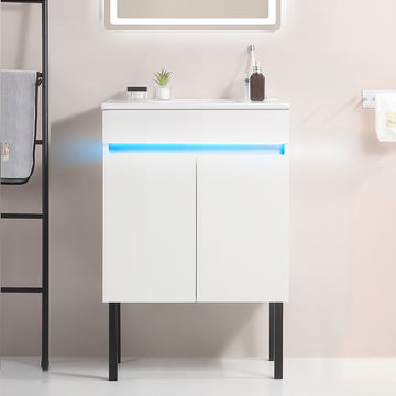 24" Bathroom Vanity With Sink, Radar Sensing Light, Large Storage Space And Metal Legs, Wall Mounted Standing Bathroom Vanity Sink,White White Solid Wood