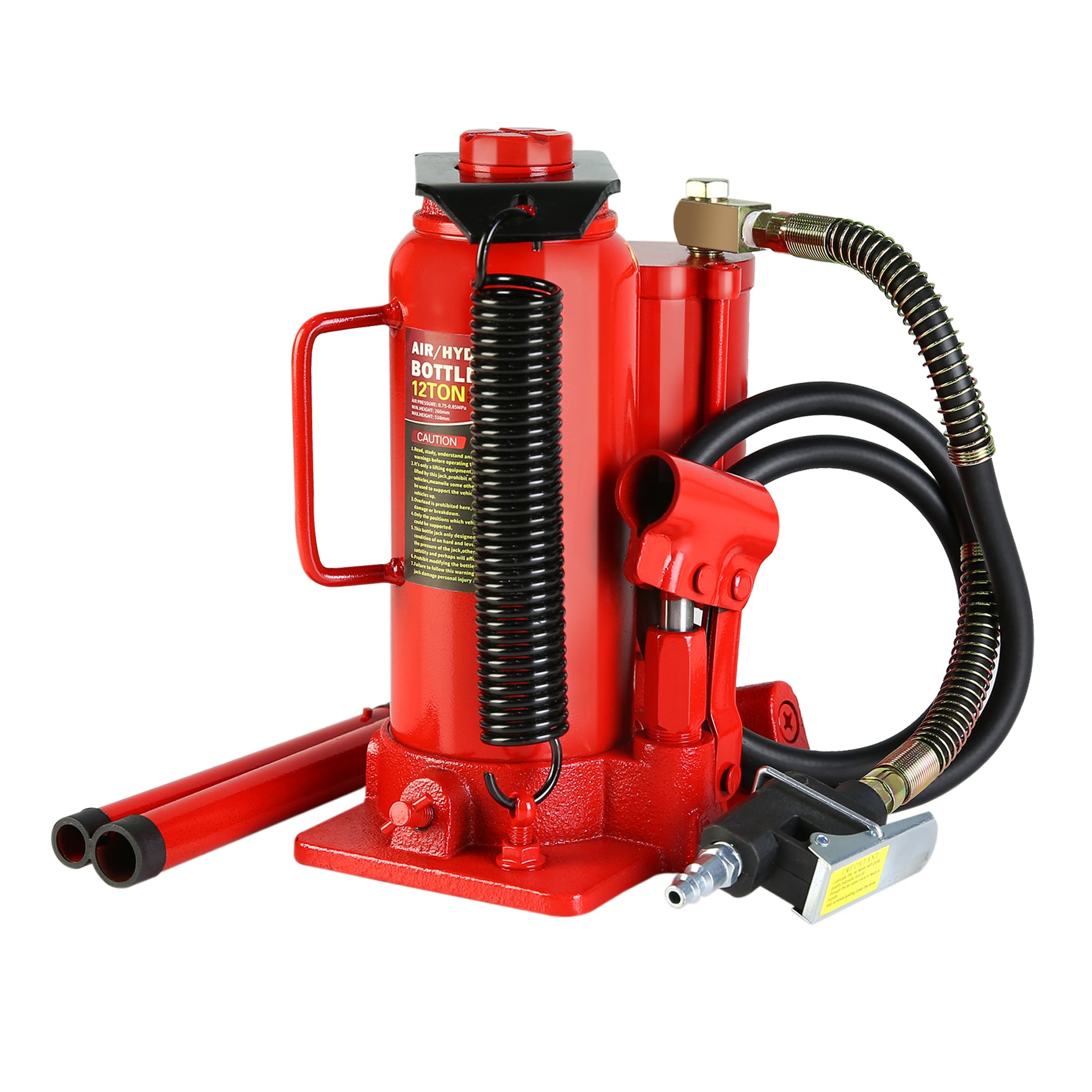 Air Hydraulic Bottle Jack, 12 Ton All Welded Bottle Jack, 10.2 20.1 Inch Lifting Range, With 2 Section Long Handle, For Car, Pickup Truck, Truck, Rv, Auto Repair, Industrial Engineering Red Steel