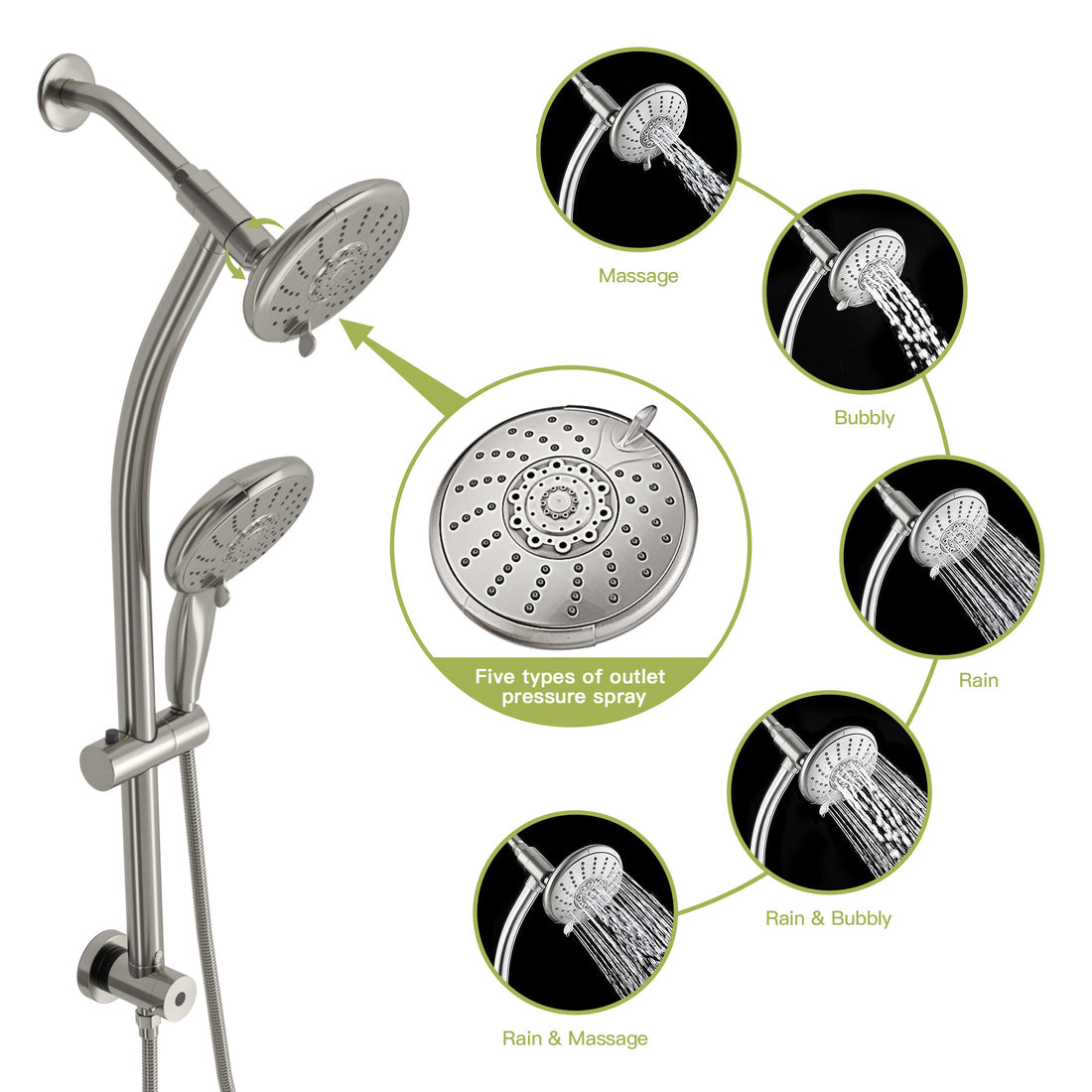 5" Multi Function Dual Shower Head, With Adjustable Slide Bar,Brushed Nickel Brushed Nickel Plastic