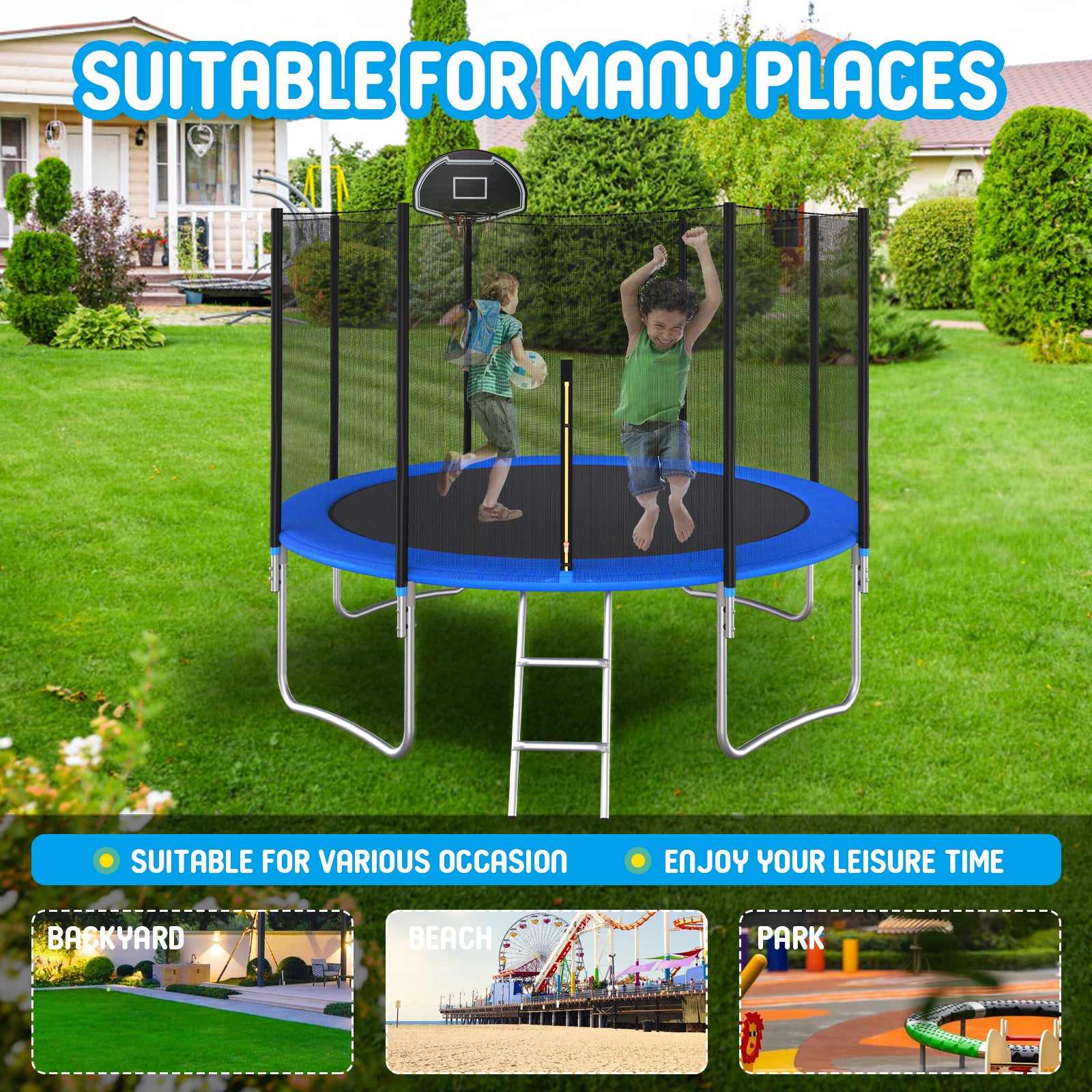 14 Ft Trampoline Outside Safety Net With Basketball Hoop Blue Metal