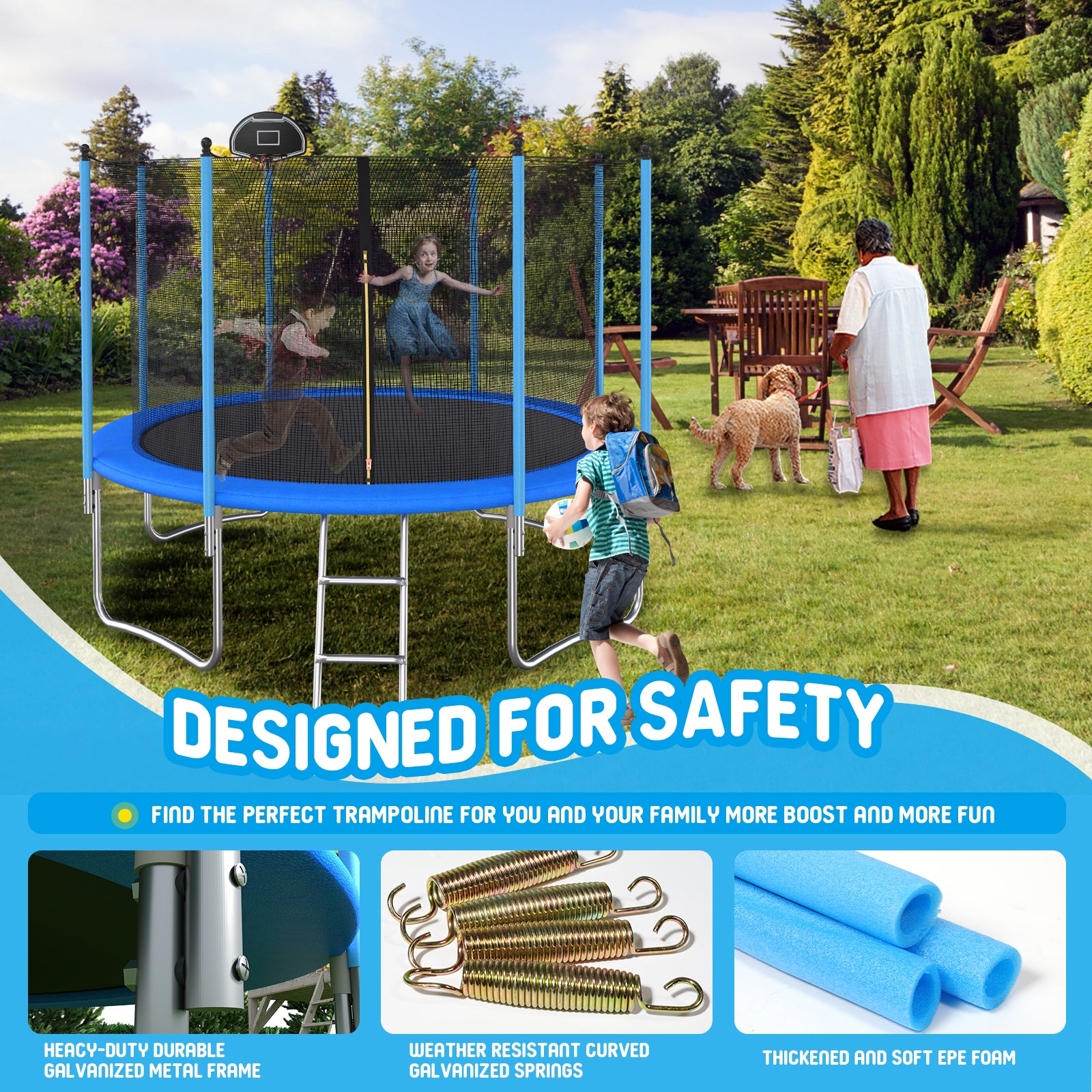 14 Ft Trampoline Inside Safety Net With Basketball Hoop Blue Metal