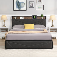 Queen Bed Frame, Storage Headboard With Charging Station, Solid And Stable, Noise Free, No Box Spring Needed, Easy Assembly Queen Antique Dark Grey Metal Bedroom Bed Frame Metal & Wood