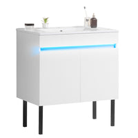 30" Bathroom Vanity With Sink, Radar Sensing Light, Large Storage Space And Metal Legs, Wall Mounted Standing Bathroom Vanity Sink, White White Solid Wood