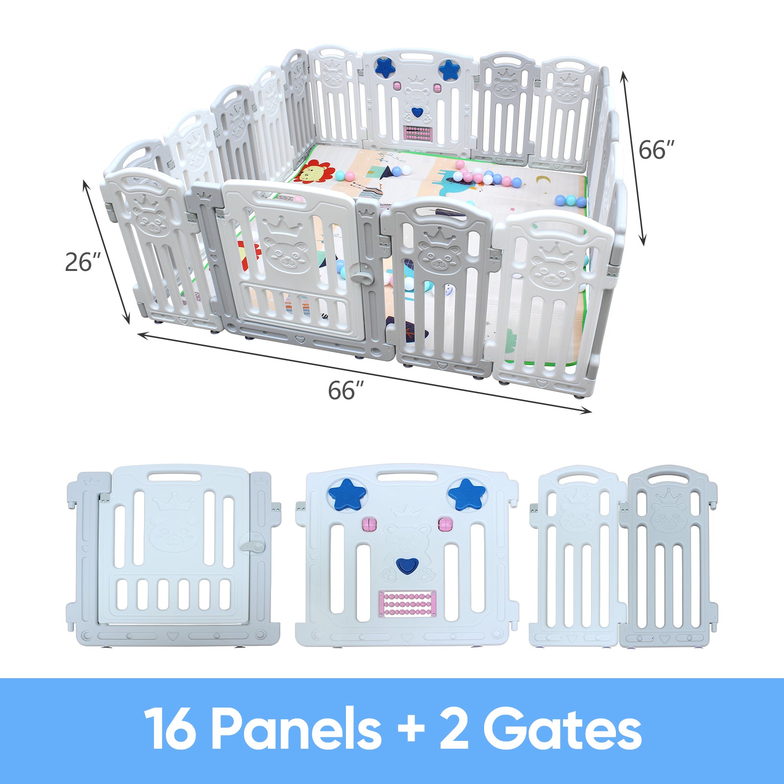 66" * 66" Baby Playard Playpen Indoor Plastic Material Fence Baby Fence Pet Fence 16 2 Combination White Abs