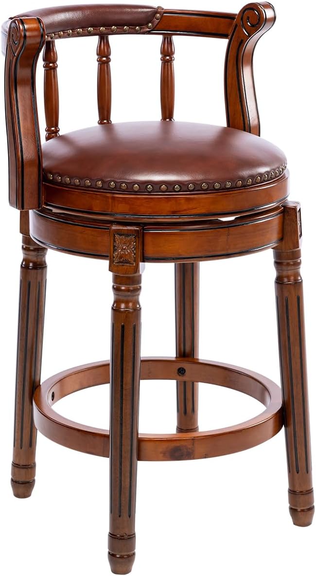 Seat Height 26'' Swivel Cow Top Leather Wooden Bar Stools 360 Degree Swivel Bar Height Chair With Backs For Home Kitchen Counter Brown 1Pc Brown Genuine Leather