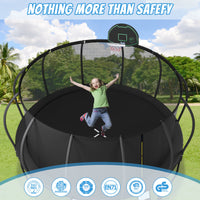 12Ft Trampoline For Kids With Upgraded Arcpole And Composite Toploop For Safety Enclosure, Plus Basketball Board And 10 Ground Stakes, Outdoor Recreational Playset Balance Physical Training Trampoline Black Metal