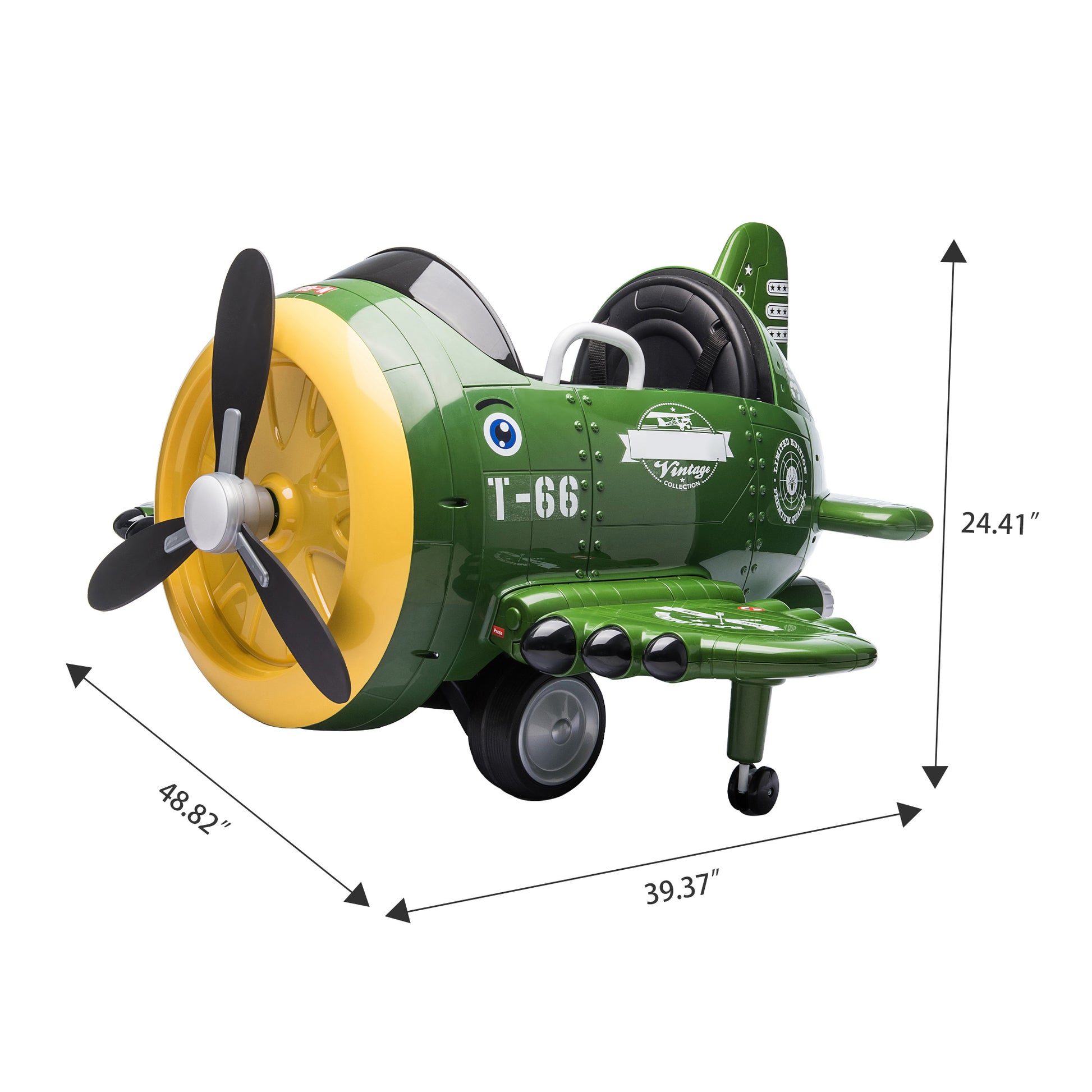 12V Electric Kids Ride On Toy Plane With Usb, Fm, Wind Driven Propeller, 360 Degree Rotating By 2 Joysticks, Remote Control For Kids 3 To 6, Army Green Army Green Polypropylene