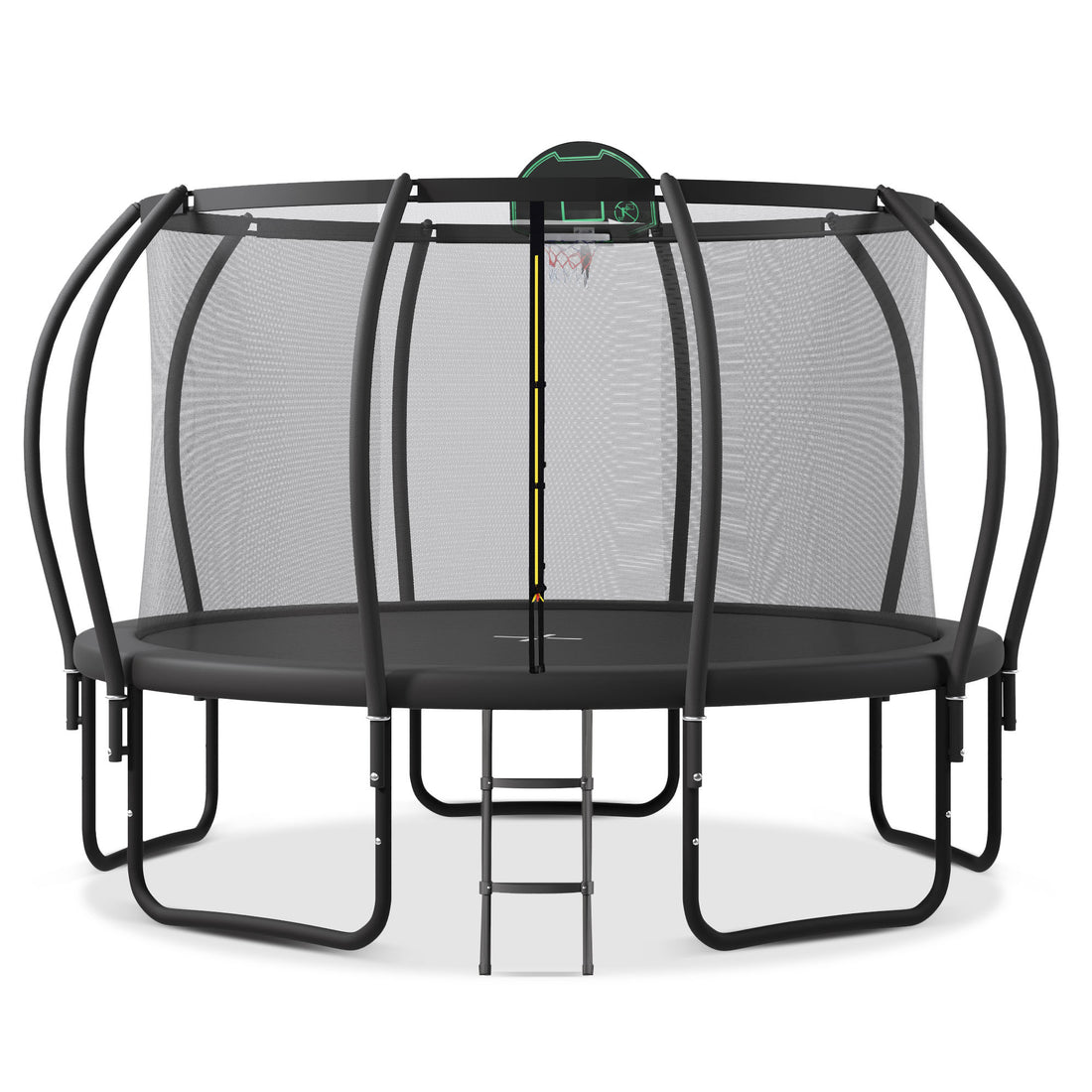 12Ft Trampoline For Kids With Upgraded Arcpole And Composite Toploop For Safety Enclosure, Plus Basketball Board And 10 Ground Stakes, Outdoor Recreational Playset Balance Physical Training Trampoline Black Metal