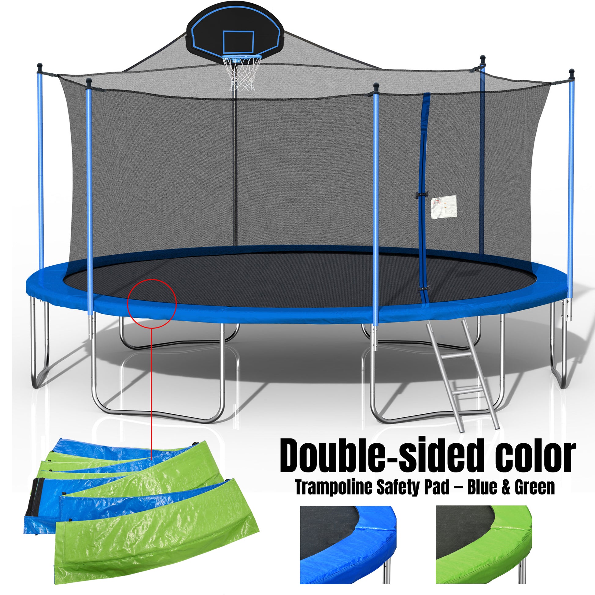 16Ft Trampoline For Adults & Kids With Basketball Hoop, Double Sided Cover,Outdoor Trampolines W Ladder And Safety Enclosure Net For Kids And Adults Blue Metal