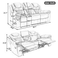 3 Pieces Recliner Sofa Sets Home Theater Seating Manual Recliner Chair With Center Console And Led Light Strip For Living Room, Brown Brown Foam Faux Leather