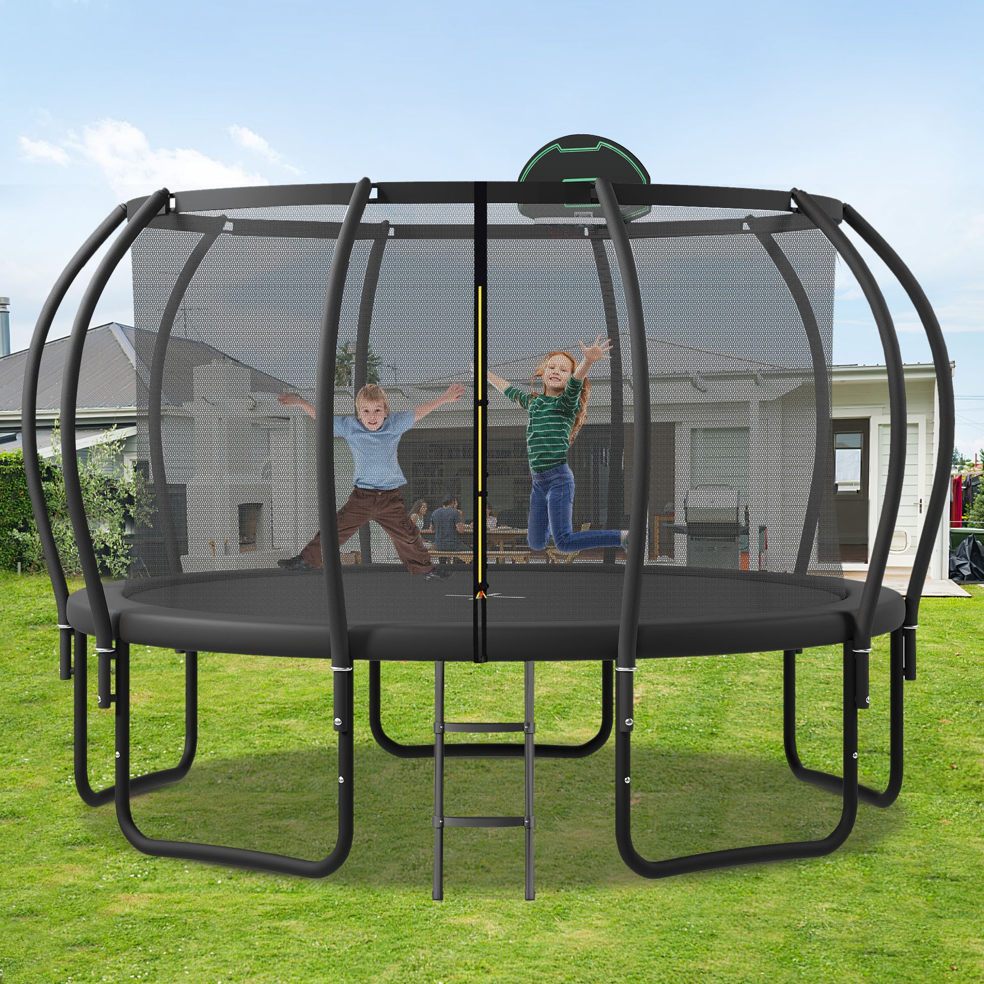 14Ft Trampoline For Kids With Upgraded Arcpole And Composite Toploop For Safety Enclosure, Plus Basketball Board And 10 Ground Stakes, Outdoor Recreational Playset Balance Physical Training Trampoline Black Metal