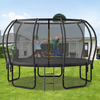 14Ft Trampoline For Kids With Upgraded Arcpole And Composite Toploop For Safety Enclosure, Plus Basketball Board And 10 Ground Stakes, Outdoor Recreational Playset Balance Physical Training Trampoline Black Metal