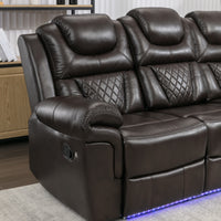 3 Pieces Recliner Sofa Sets Home Theater Seating Manual Recliner Chair With Center Console And Led Light Strip For Living Room, Brown Brown Foam Faux Leather