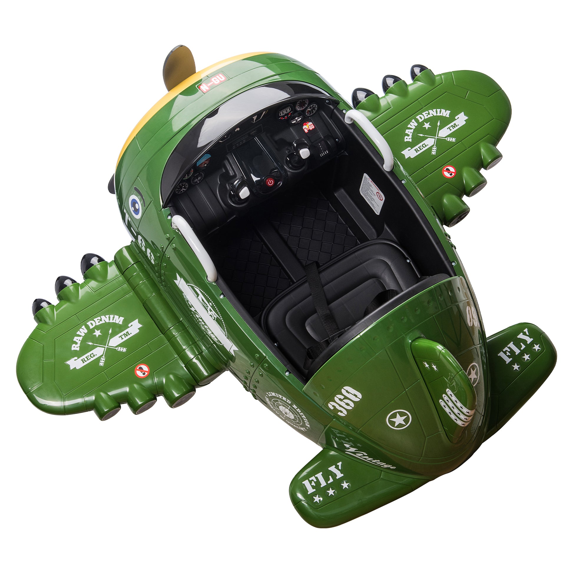 12V Electric Kids Ride On Toy Plane With Usb, Fm, Wind Driven Propeller, 360 Degree Rotating By 2 Joysticks, Remote Control For Kids 3 To 6, Army Green Army Green Polypropylene