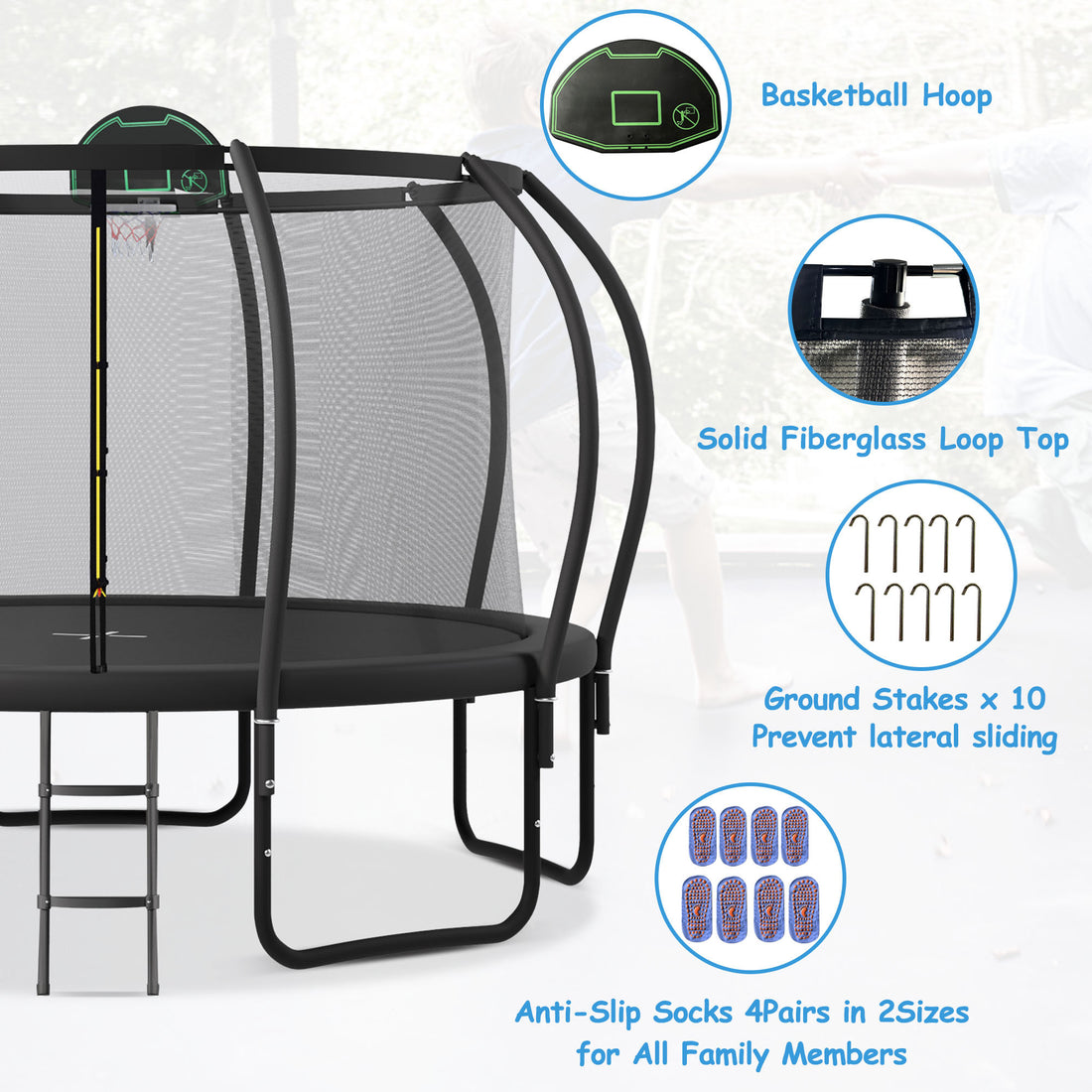 12Ft Trampoline For Kids With Upgraded Arcpole And Composite Toploop For Safety Enclosure, Plus Basketball Board And 10 Ground Stakes, Outdoor Recreational Playset Balance Physical Training Trampoline Black Metal