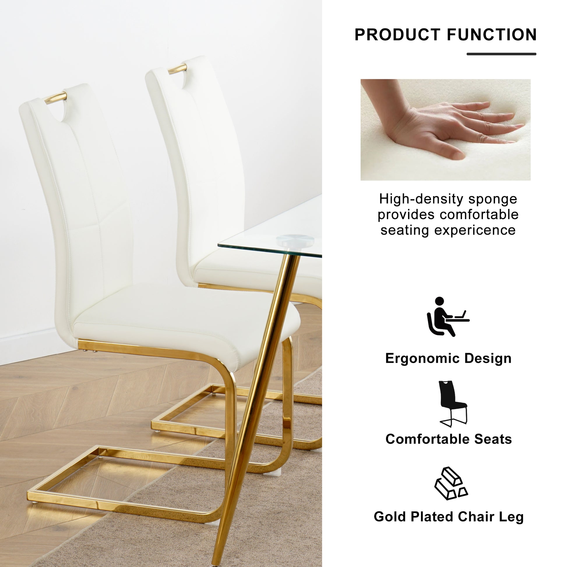 Modern Simple Rectangular Glass Dining Table, Wear Resistant Tempered Glass Countertop, Gold Plated Legs, White Pu Dining Chair Set, Suitable For Restaurant Kitchen Use Set Of 5 Upholstered Chair