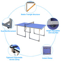 6Ft Mid Size Table Tennis Table Foldable & Portable Ping Pong Table Set For Indoor & Outdoor Games With Net, 2 Table Tennis Paddles And 3 Balls Blue Mdf