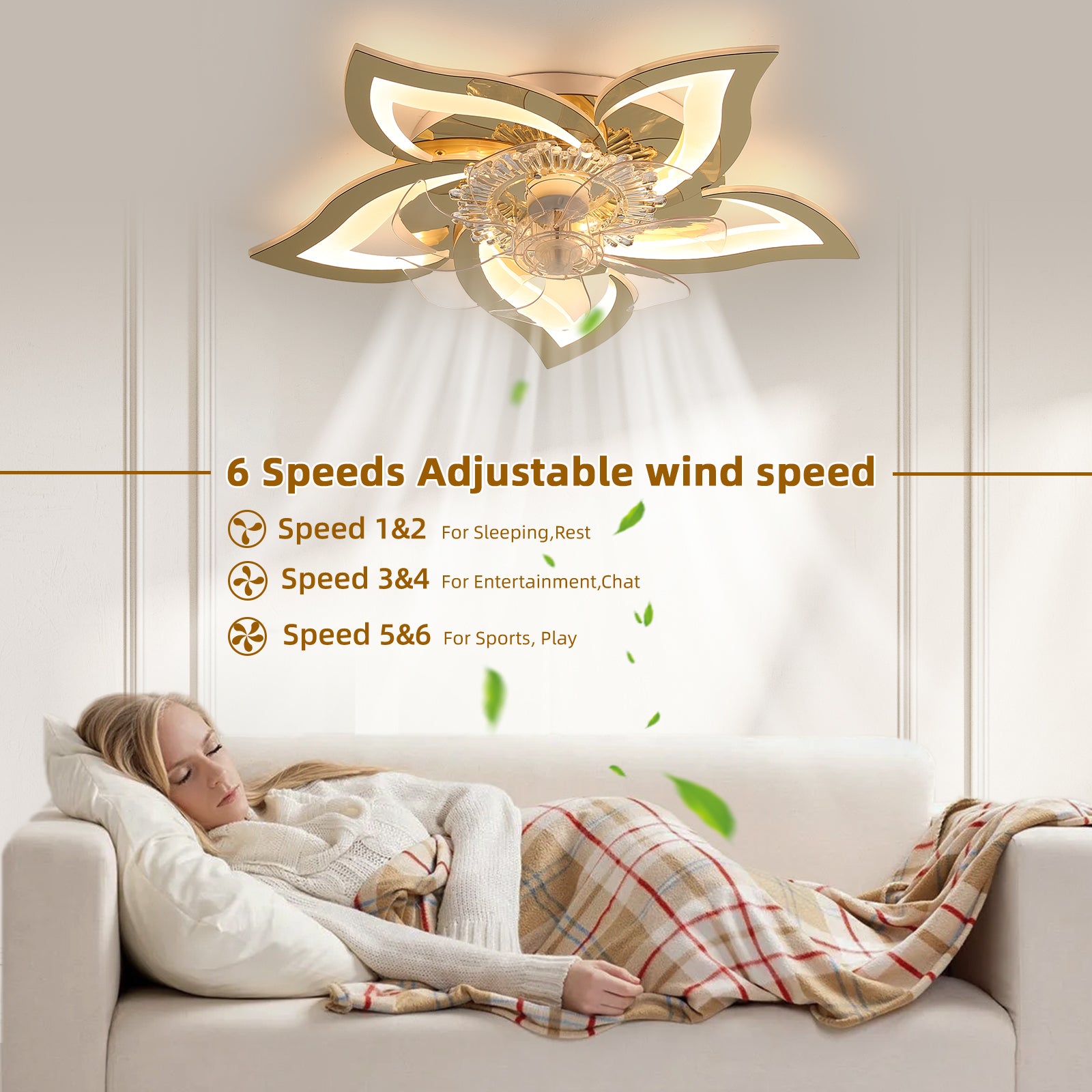 27In Ceiling Fan With Lights, Remote Control 3 Color Temperatures,6 Gear Wind Speed Fan Light Gold Modern Acrylic