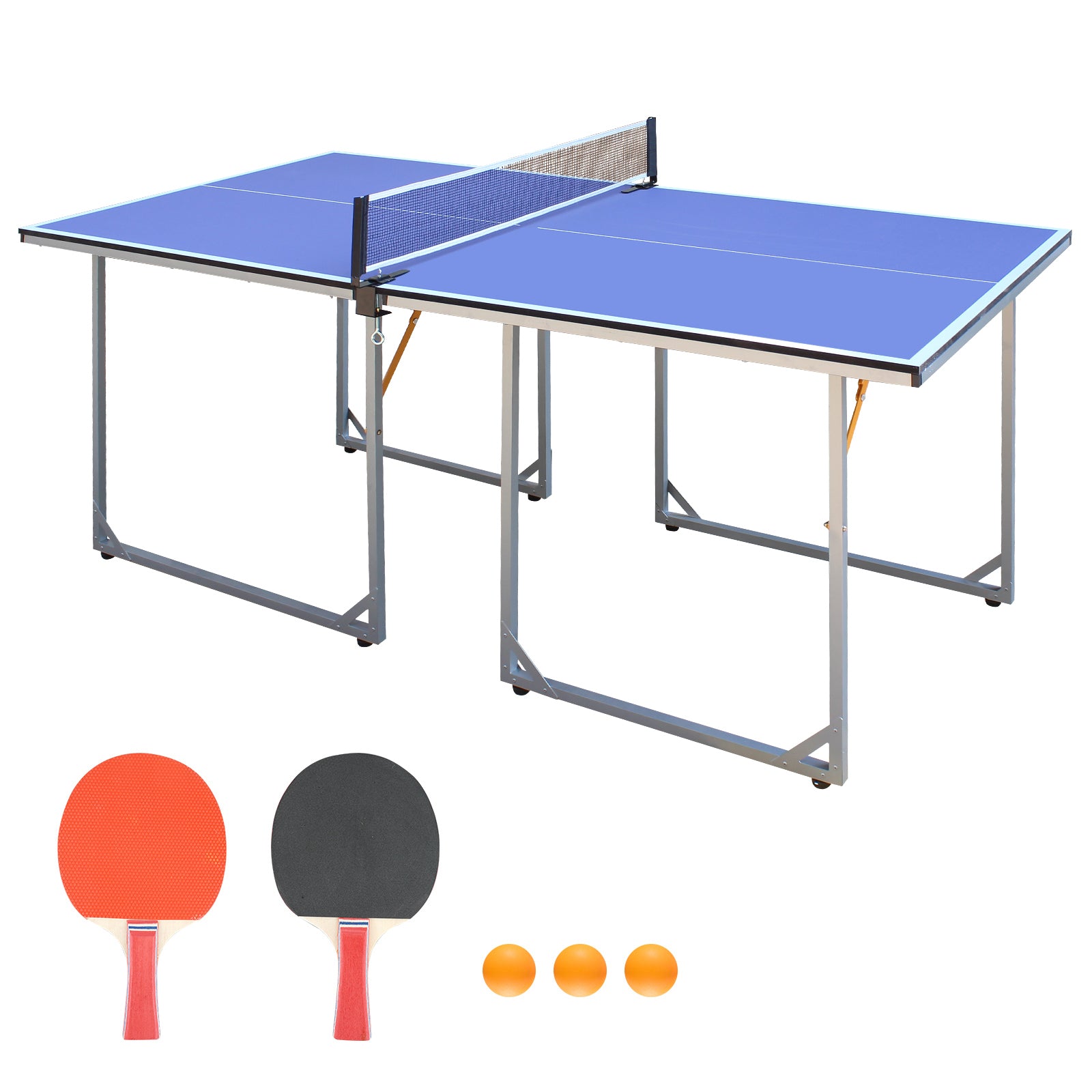 6Ft Mid Size Table Tennis Table Foldable & Portable Ping Pong Table Set For Indoor & Outdoor Games With Net, 2 Table Tennis Paddles And 3 Balls Blue Mdf