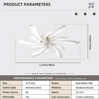 30.7In Ceiling Fan With Lights, Remote Control 3 Color Temperatures,6 Gear Wind Speed Fan Light Chrome Modern Acrylic