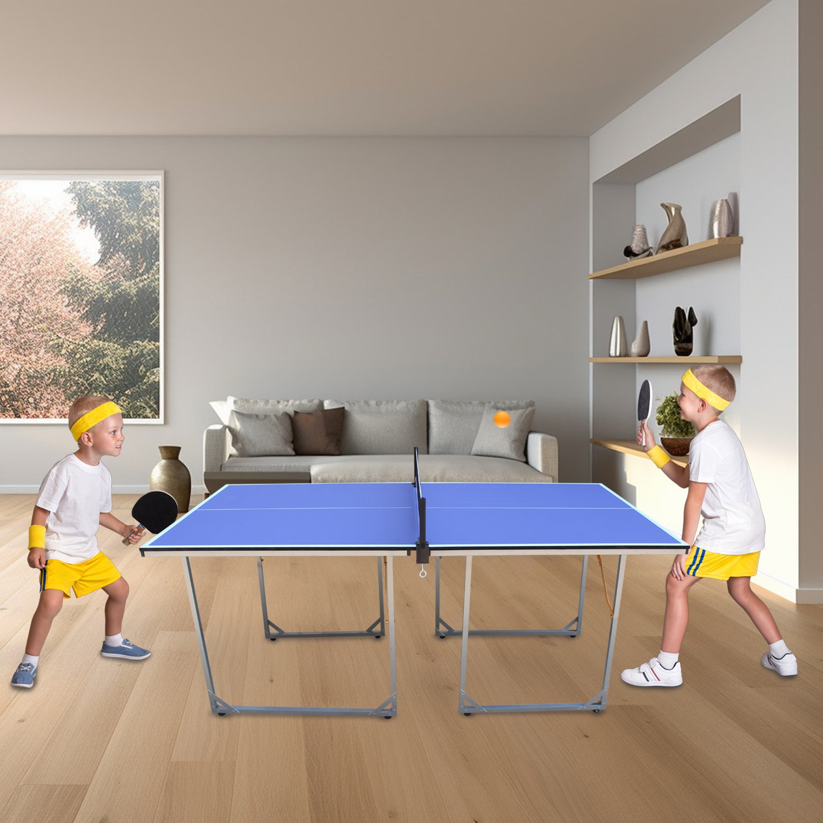 6Ft Mid Size Table Tennis Table Foldable & Portable Ping Pong Table Set For Indoor & Outdoor Games With Net, 2 Table Tennis Paddles And 3 Balls Blue Mdf