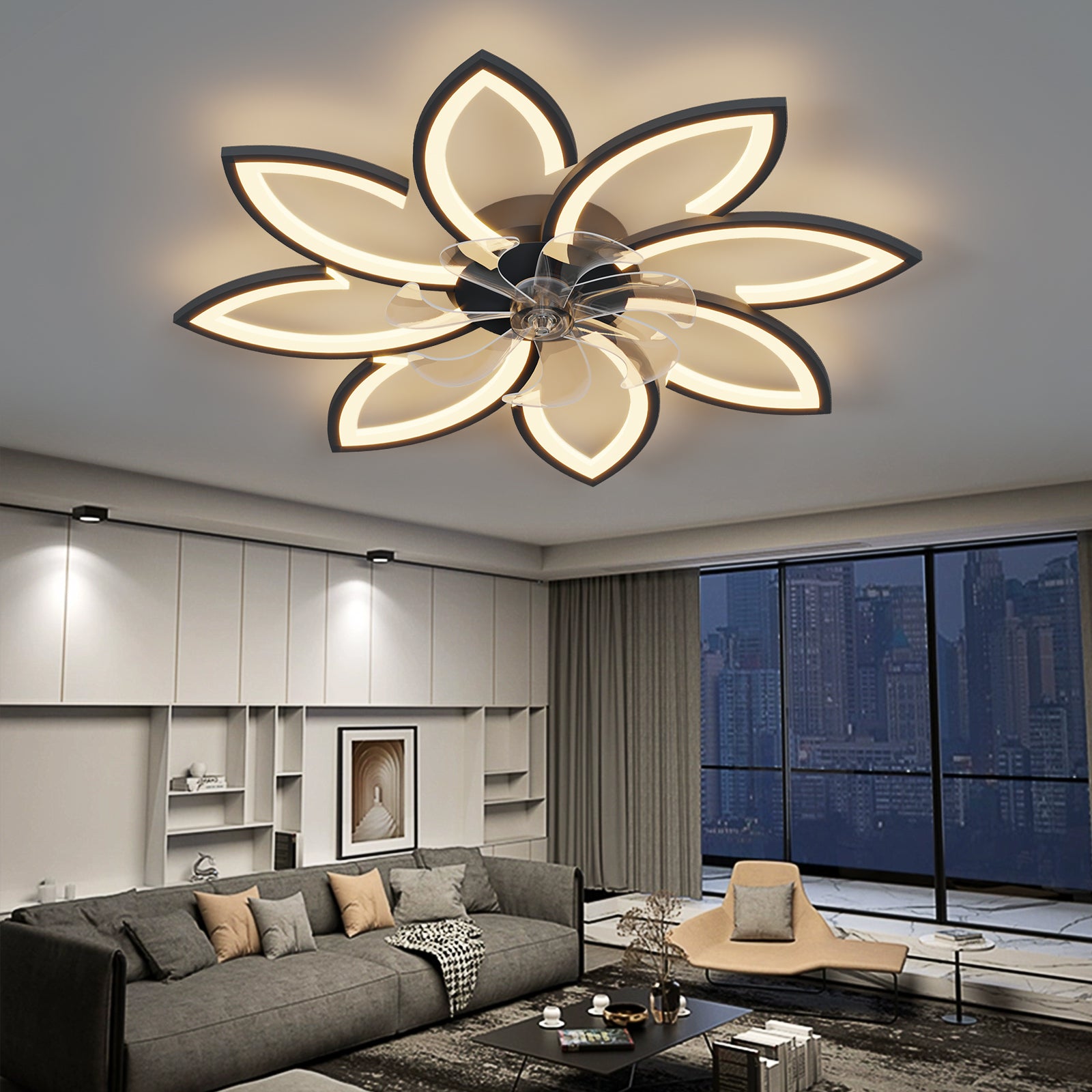 35.4In Ceiling Fan With Lights, Remote Control 3 Color Temperatures,6 Gear Wind Speed Fan Light Black Modern Acrylic