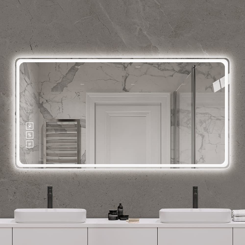 24X40 Inch Led Bathroom Mirror Vanity Mirrors With Front Lights Wall Mounted Anti Fog Frameless Make Up Mirror With Light 5 Mm Copper Free Silver Mirror Horizontal Or Vertical Silver Glass