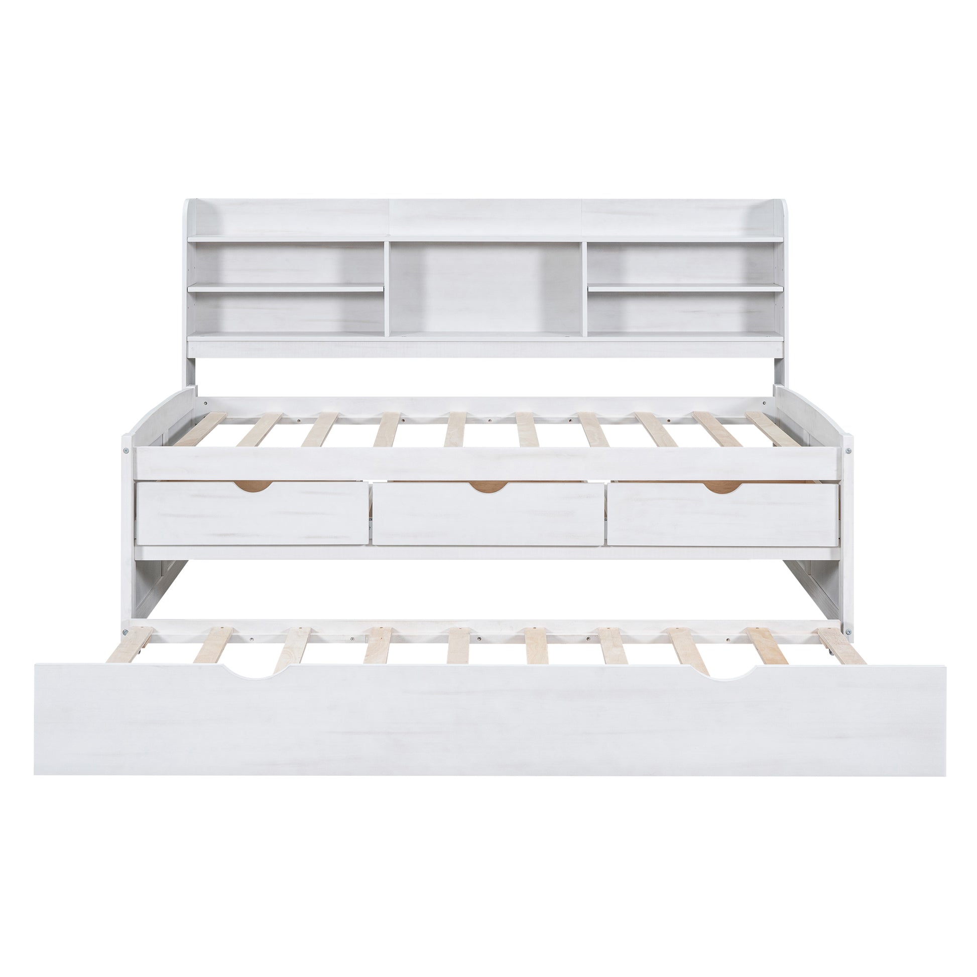 Twin Size Wooden Captain Bed With Built In Bookshelves,Three Storage Drawers And Trundle, White Wash Box Spring Not Required Twin White Washed Wood Pine