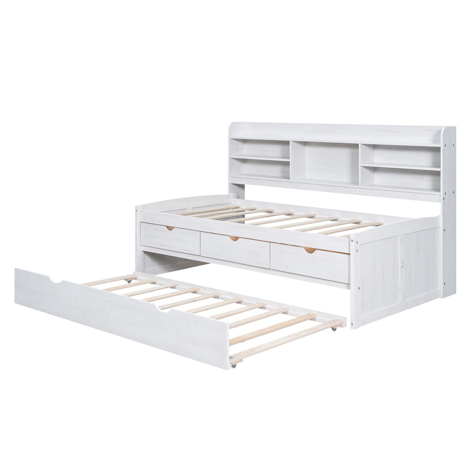 Twin Size Wooden Captain Bed With Built In Bookshelves,Three Storage Drawers And Trundle, White Wash Box Spring Not Required Twin White Washed Wood Pine