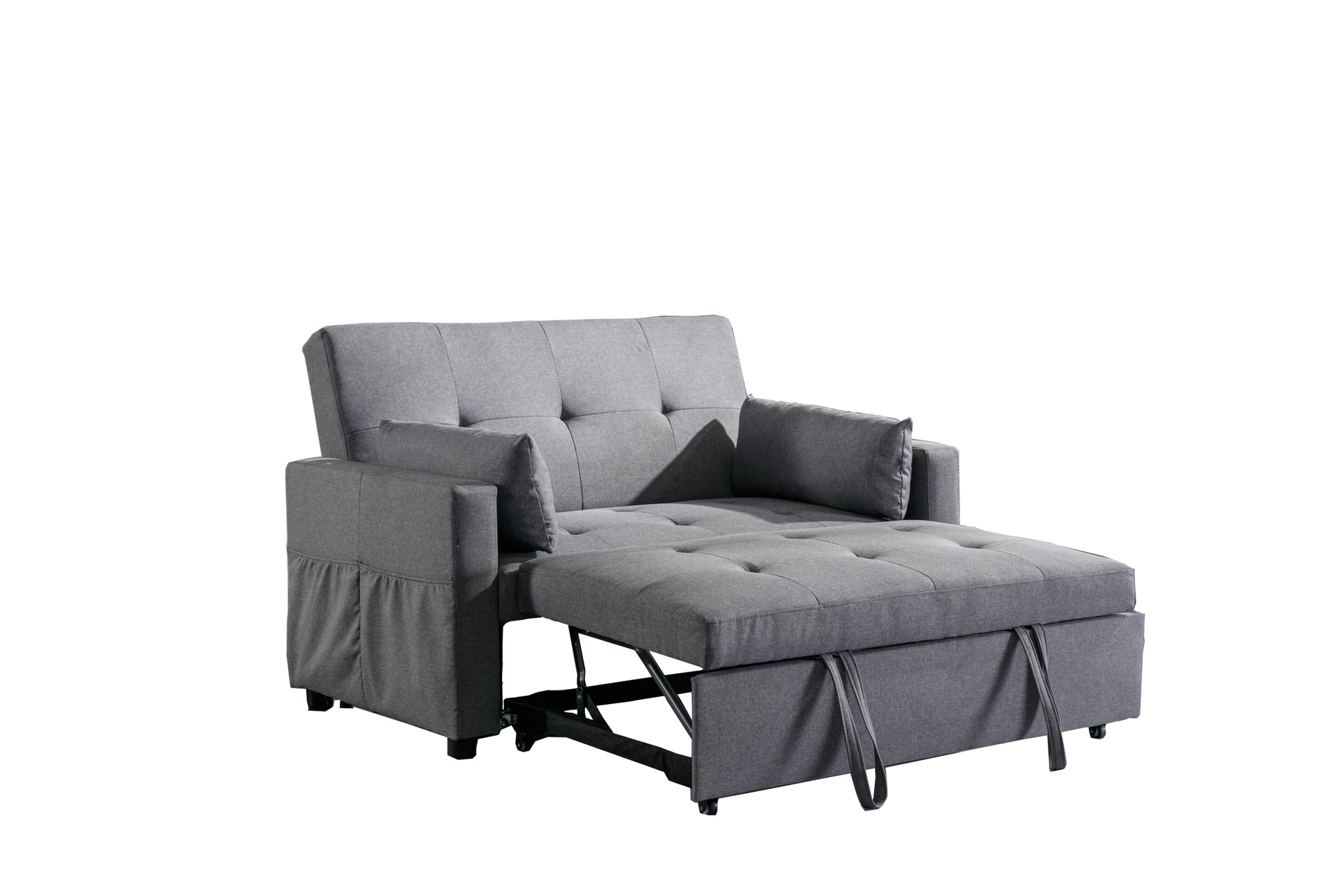 2 Seaters Slepper Sofa Bed.Dark Grey Linen Fabric 3 In 1 Convertible Sleeper Loveseat With Side Pocket. Dark Grey Linen