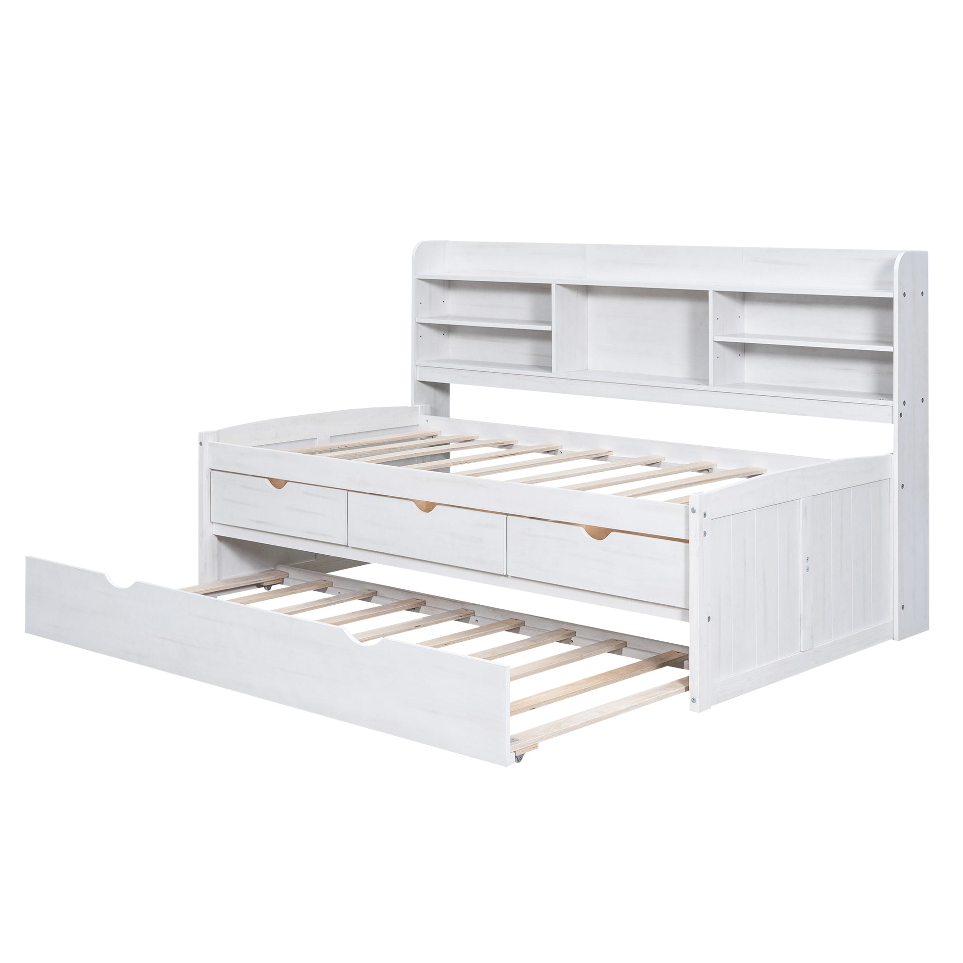 Twin Size Wooden Captain Bed With Built In Bookshelves,Three Storage Drawers And Trundle, White Wash Box Spring Not Required Twin White Washed Wood Pine