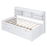 Twin Size Wooden Captain Bed With Built In Bookshelves,Three Storage Drawers And Trundle, White Wash Box Spring Not Required Twin White Washed Wood Pine