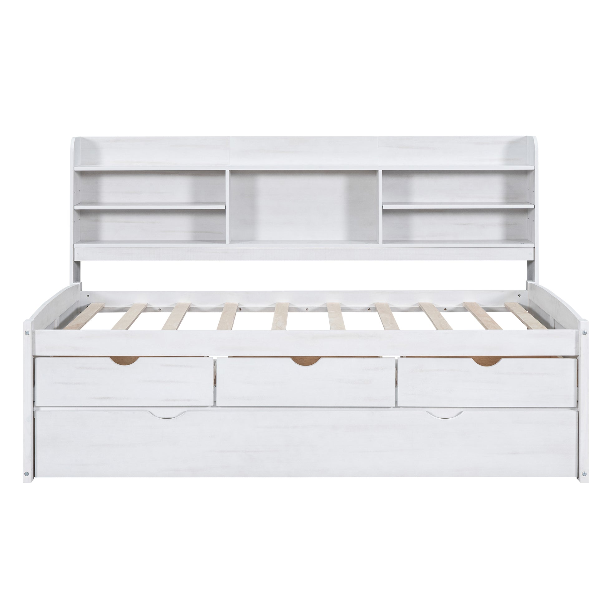 Twin Size Wooden Captain Bed With Built In Bookshelves,Three Storage Drawers And Trundle, White Wash Box Spring Not Required Twin White Washed Wood Pine