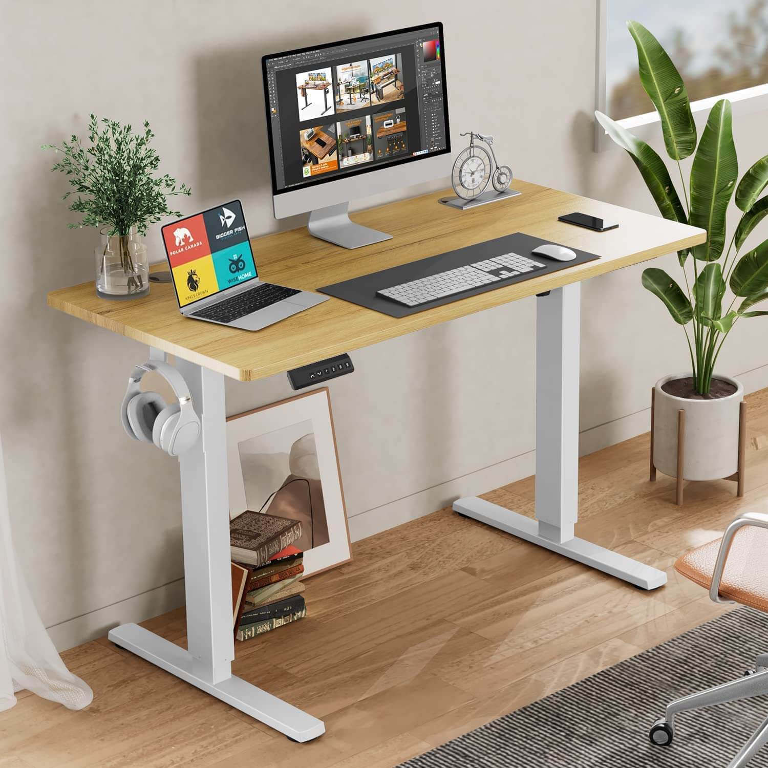 Electric Height Adjustable Standing Desk,Sit To Stand Ergonomic Computer Desk,Yellow,40'' X 24" Yellow Wood