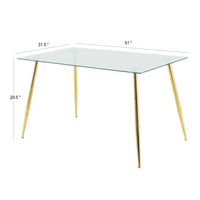 Modern Simple Rectangular Glass Dining Table, Wear Resistant Tempered Glass Countertop, Gold Plated Legs, Grey Pu Dining Chair Set, Suitable For Restaurant Kitchen Use Set Of 5 Upholstered Chair