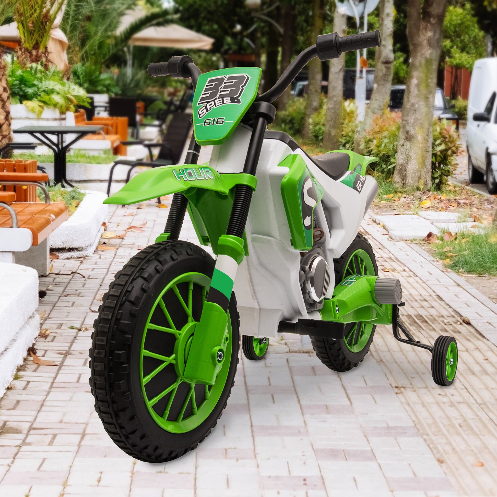 12V Kids Ride On Toy Motorcycle, Electric Motor Toy Bike With Training Wheels For Kids 3 6, Green Green Polypropylene