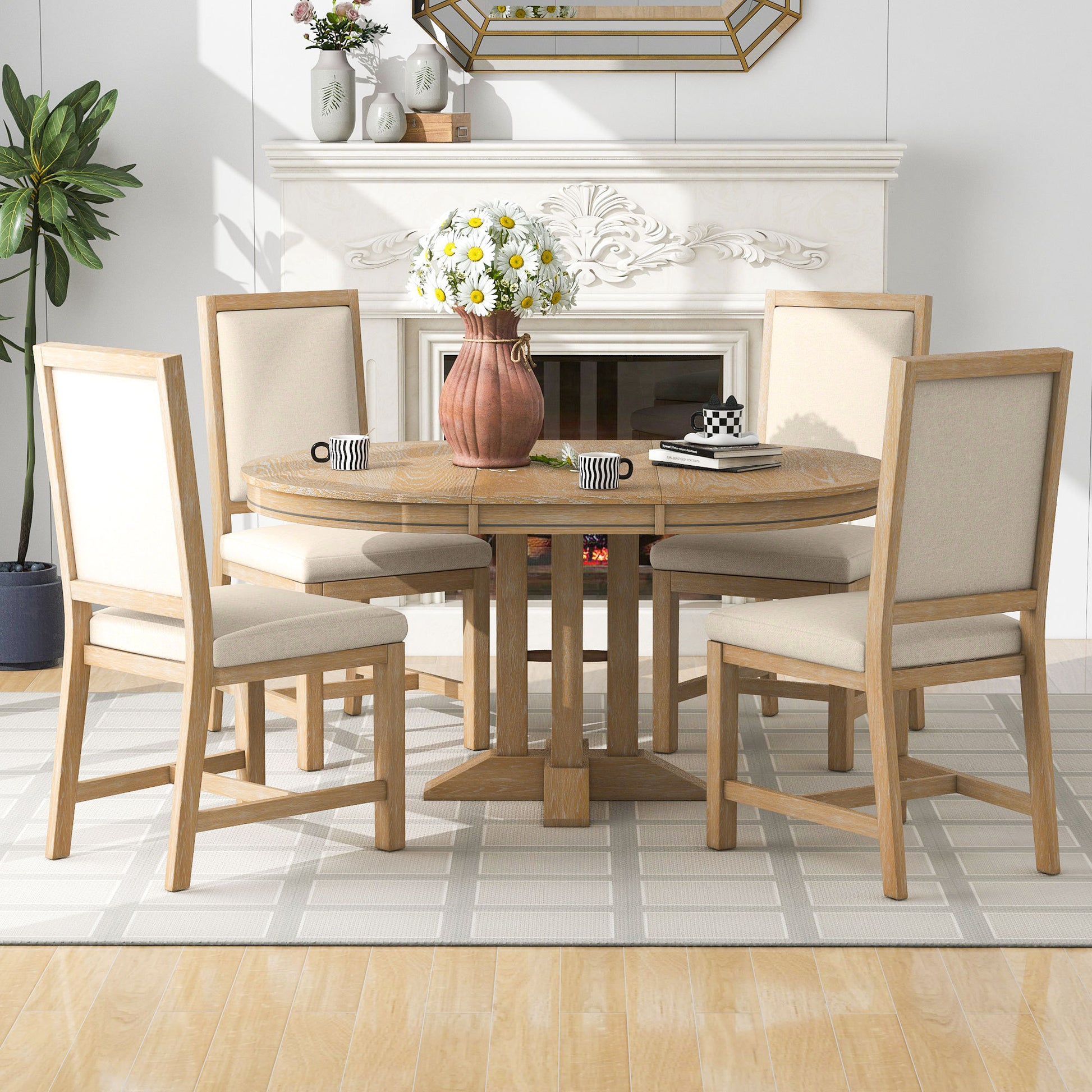 5 Piece Dining Set Extendable Round Table And 4 Upholstered Chairs Farmhouse Dining Set For Kitchen, Dining Room Natural Wood Wash Natural Wood Wash Solid Wood Mdf