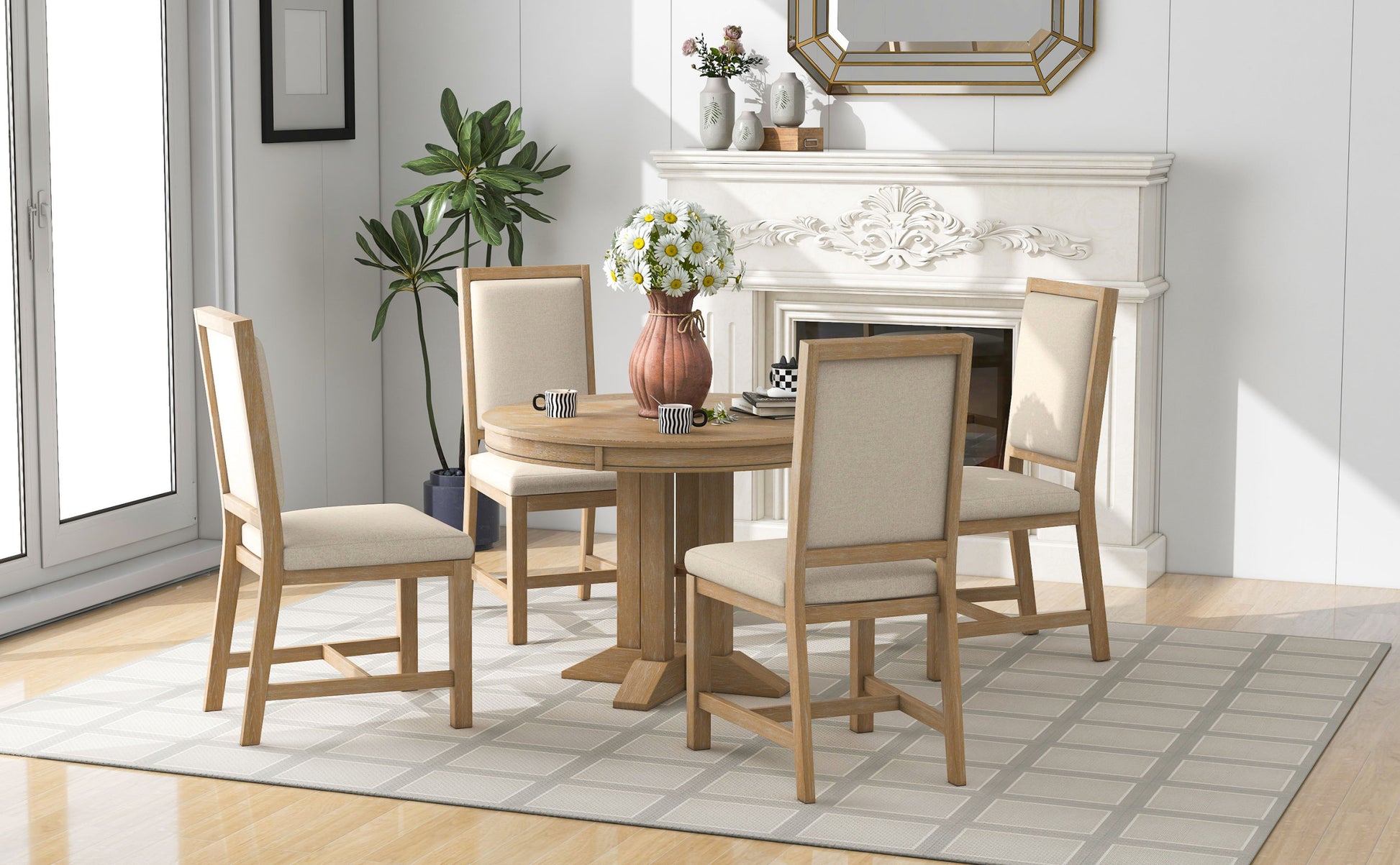 5 Piece Dining Set Extendable Round Table And 4 Upholstered Chairs Farmhouse Dining Set For Kitchen, Dining Room Natural Wood Wash Natural Wood Wash Solid Wood Mdf