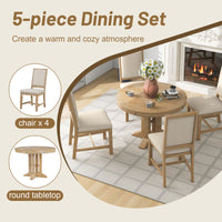 5 Piece Dining Set Extendable Round Table And 4 Upholstered Chairs Farmhouse Dining Set For Kitchen, Dining Room Natural Wood Wash Natural Wood Wash Solid Wood Mdf