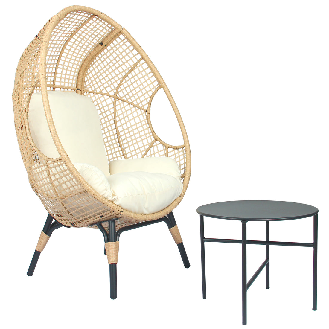 Patio Pe Wicker Egg Chair Model 4 With Natural Color Rattan Beige Cushion And Side Table Yes Natural Foam Steel